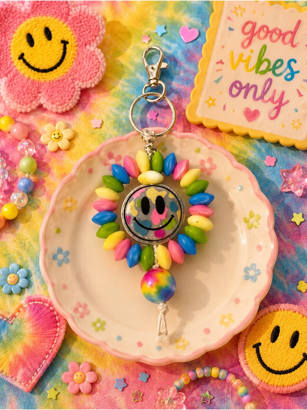 Handmade beaded Happy Sunshine Multicolor Smiley Keychain